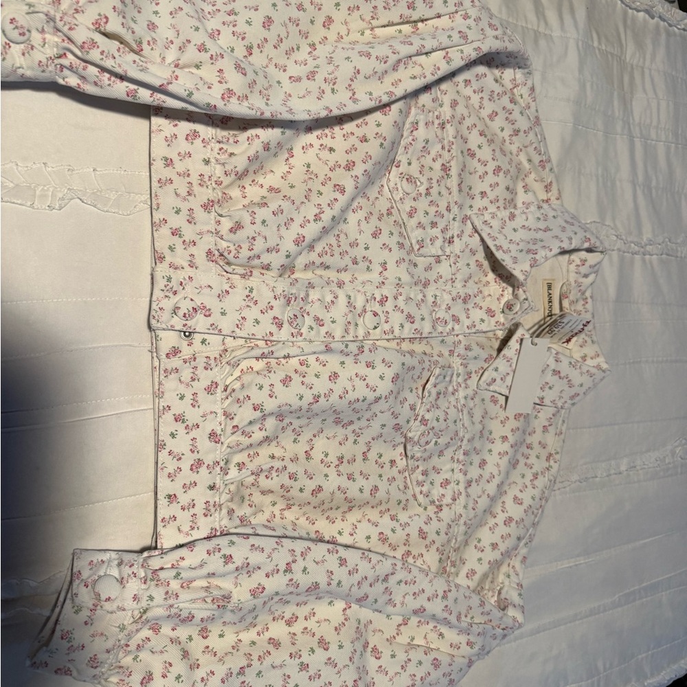 Blank NYC Cropped Floral Denim Jacket - Cream with Pink Print - Picture 5 of 10